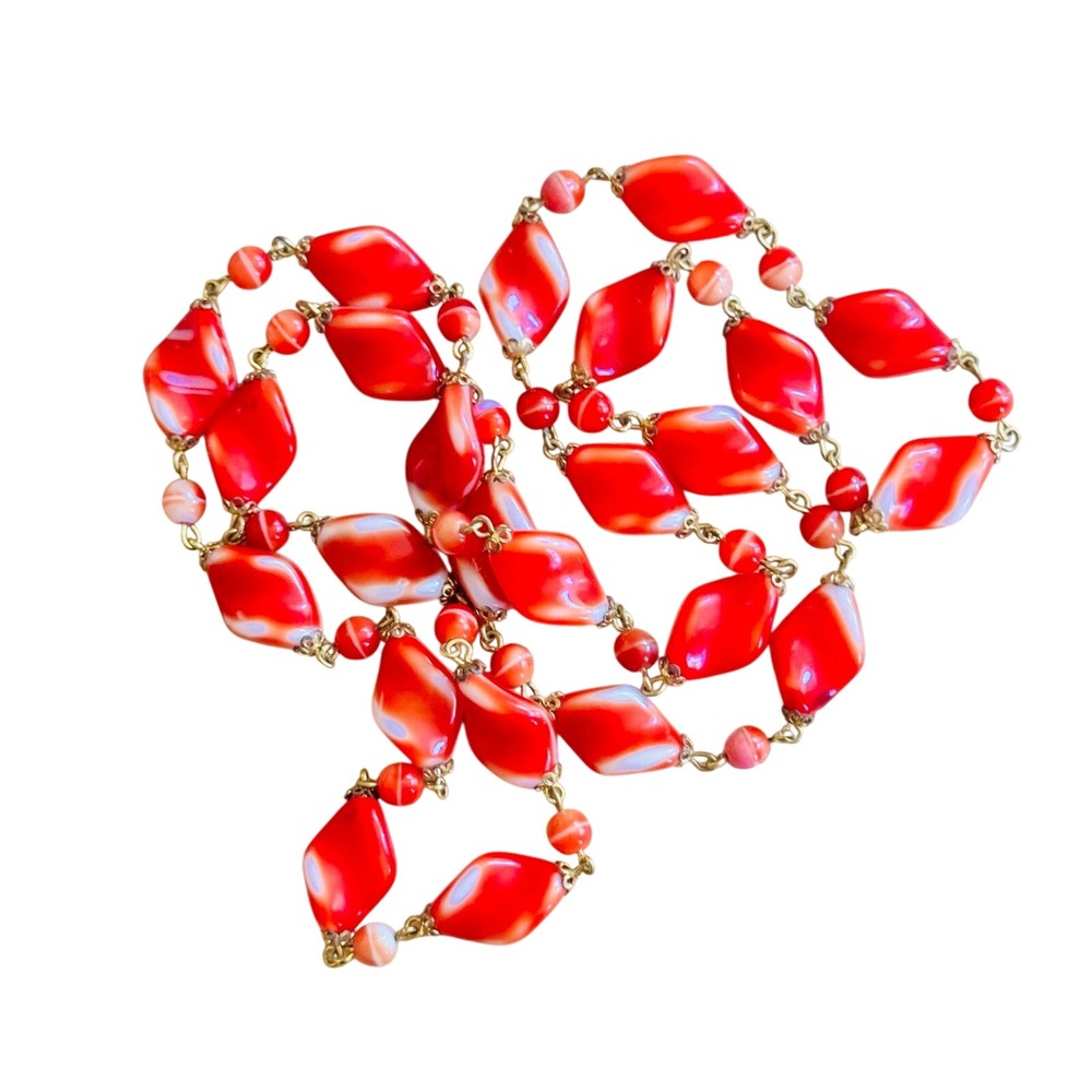 VTG Ribbon Necklace Candy Red Orange Swirl Glass Beads Venetian Murano Italy 60s